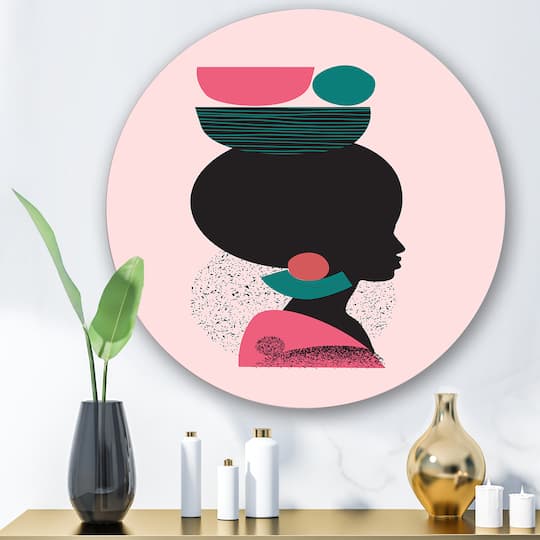 Designart - Ethnic Geometric Silhouette of Afro American II - Modern Metal Circle Wall Art